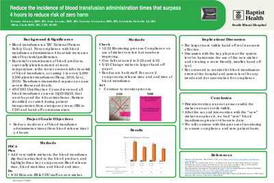 Reduce the incidence of blood transfusion administration times that surpass  4 hours to reduce risk of zero harm